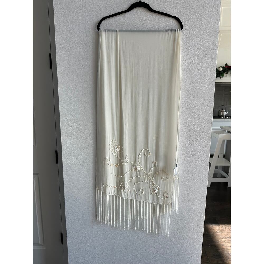 Sue Wong White Seashells beaded fringe scarf shawl Silk